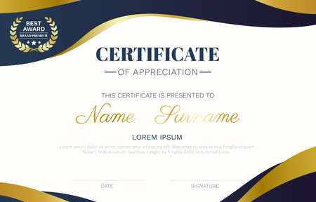 Certificate template modern wave curve luxury lines and best award brand premium golden badge vector illustration.のイラスト素材
