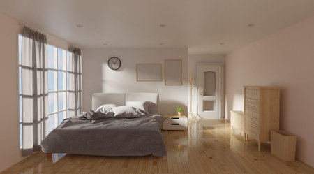 Interior of modern bedroom with white walls, wooden floor and large window. 3d rendering