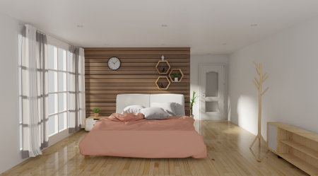 Interior of a modern bedroom with wooden walls, a wooden floor and a double bed. 3d renderingの写真素材