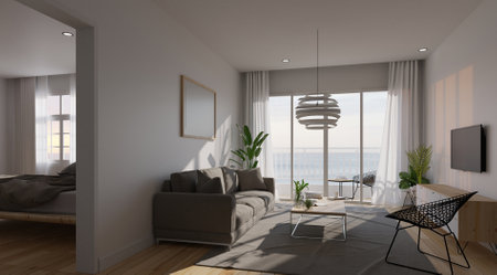Interior of modern living room with sea view 3D Illustrationの写真素材