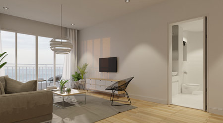 3d render of modern living room interior design. Living room and bathroom.