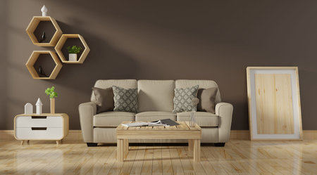 Interior of modern living room with brown sofa 3D Illustration