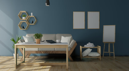 Interior of a modern living room with a blue wall and a wooden sofa. 3d renderingの写真素材