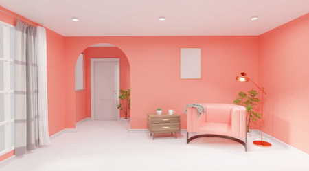 Interior of a modern living room with pink walls, white floor and pink sofa. 3d renderingの写真素材