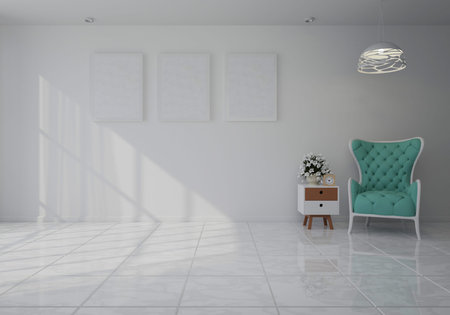 Interior of modern living room with green armchair and white wall