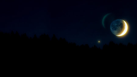 The half moon in the star sky with silhouetted trees.