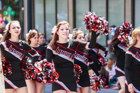 Portland, Oregon, USA - JUNE 7, 2014  Union High School Marching Band in Grand floral parade through Portland downtown のeditorial素材