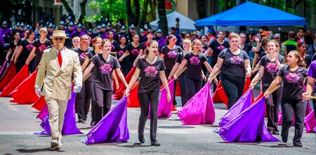 Portland, Oregon, USA - June 6, 2015: Sunset High School Marching Band in the Grand Floral Parade during Portland Rose Festival 2015.のeditorial素材