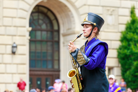 Washinton, D.C., USA - July 4, 2015: Taylorville High School Tornado Marching Band in the annual National Independence Day Parade 2015.のeditorial素材