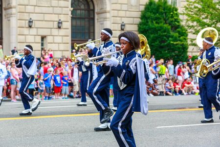 Washinton, D.C., USA - July 4, 2015: Huntington High School Raider Jukebox Marching Band in the annual National Independence Day Parade 2015.のeditorial素材