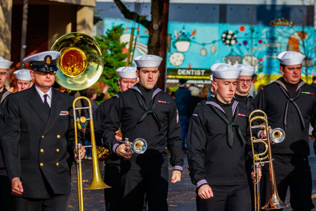 Portland, Oregon, USA - November 11, 2015: People march in the annual Ross Hollywood Chapel Veterans Day Parade, in northeast Portland.のeditorial素材