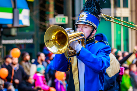 Portland, Oregon, USA - November 27, 2015: Canby High School Marching Band in the annual My Macy's holiday Parade across Portland Downtown.のeditorial素材