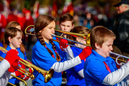 Portland, Oregon, USA - November 11, 2015: Robert Gray Middle School Marching Band in the annual...