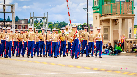 Portland, Oregon, USA - June 11, 2016: Third Marine Aircraft Wing Marching Band in the Grand Floral Parade during Portland Rose Festival 2016.のeditorial素材