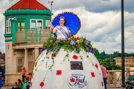 Portland, Oregon, USA - June 11, 2016: New Westminster Hyack Festival Mini-Float in the Grand Floral...