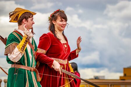 Portland, Oregon, USA - June 11, 2016: Sherwood Robin Hood Festival Mini-Float in the Grand Floral Parade during Portland Rose Festival 2016.のeditorial素材