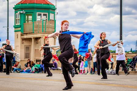 Portland, Oregon, USA - June 11, 2016: Westview High School Marching Band in the Grand Floral Parade during Portland Rose Festival 2016.のeditorial素材