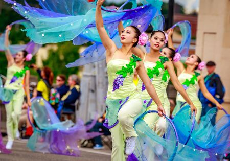 Portland, Oregon, USA - June 11, 2016: Shu-Te Home Economics & Commercial High School Marching Band in the Grand Floral Parade during Portland Rose Festival 2016.のeditorial素材