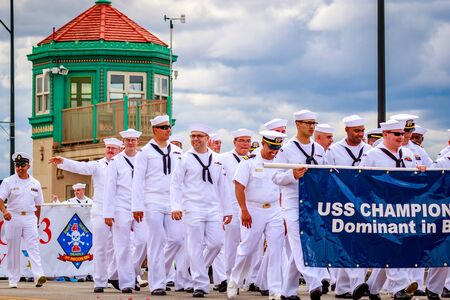 Portland, Oregon, USA - June 11, 2016: Crew Members of Rose Festival Fleet United States Navy in the Grand Floral Parade during Portland Rose Festival 2016.のeditorial素材