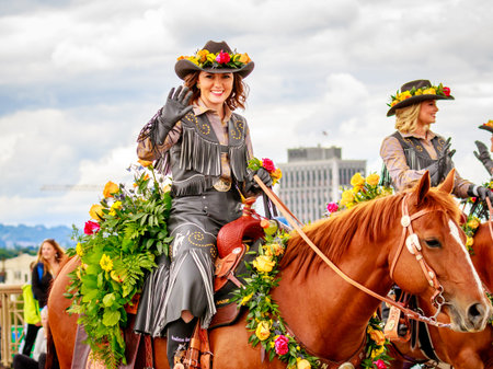 Portland, Oregon, USA - June 11, 2016: Pendleton Round-Up Court in the Grand Floral Parade during Portland Rose Festival 2016.のeditorial素材