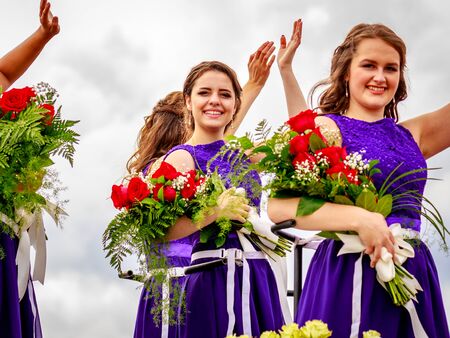 Portland, Oregon, USA - June 11, 2016: Rose Festival Court in the Grand Floral Parade during Portland Rose Festival 2016.のeditorial素材