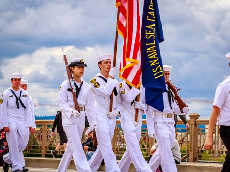 Portland, Oregon, USA - June 11, 2016: United States Naval Sea Cadet Corps in the Grand Floral Parade during Portland Rose Festival 2016.のeditorial素材