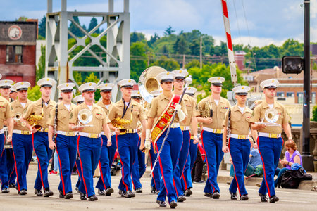 Portland, Oregon, USA - June 11, 2016: Third Marine Aircraft Wing Marching Band in the Grand Floral...