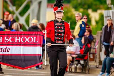 Portland, Oregon, USA - June 11, 2016: Oregon City High School Marching Band in the Grand Floral Parade during Portland Rose Festival 2016.のeditorial素材