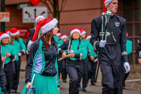 Portland, Oregon, USA - November 25, 2016: Canby High School Marching Band in the annual My Macy's holiday Parade across Portland Downtown.のeditorial素材