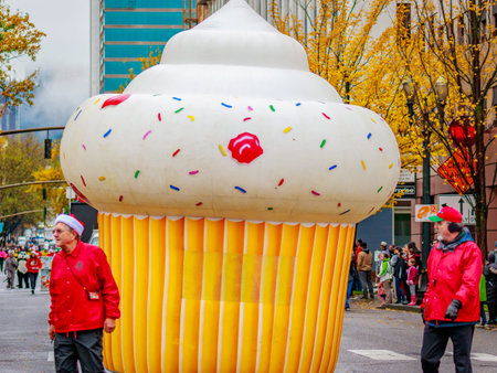 Portland, Oregon, USA - November 25, 2016: Giant cupcake float marches in the annual My Macy's...
