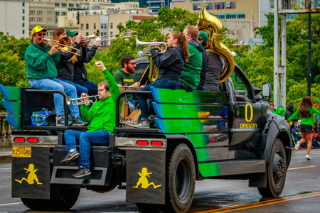 Portland, Oregon, USA - June 10, 2017: Univesity of Oregon Duck Truck and Pep Band in the Grand...