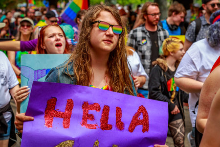 Portland, Oregon, USA - June 18, 2017: Portland's 2017 Pride Parade reflects the community diversity.のeditorial素材