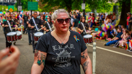 Portland, Oregon, USA - June 18, 2017: The Last Regiment Of Syncopated Drummers in Portland's 2017 Pride Parade, which reflects the community diversity.のeditorial素材