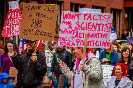Portland, Oregon - April 22, 2017: People with signs at Portland March for Science.のeditorial素材