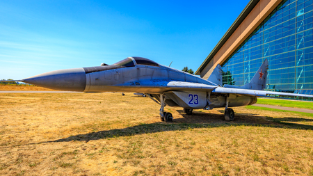 McMinnville, Oregon - August 21, 2017: Mikoyan Gurevich MiG-29 "Fulcrum" on exhibition at Evergreen Aviation & Space Museum.のeditorial素材
