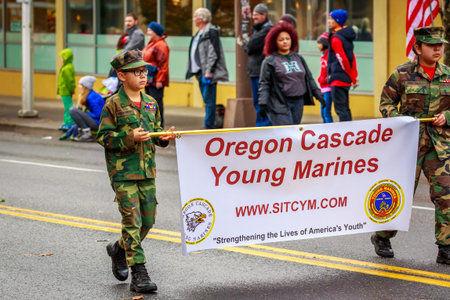 Portland, Oregon, USA - November 11, 2017: Oregon Cascade Young Marines in the annual Ross Hollywood Chapel Veterans Day Parade, in northeast Portland.のeditorial素材