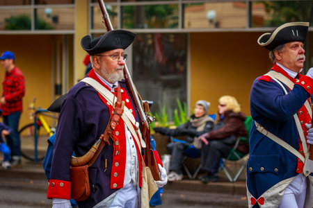 Portland, Oregon, USA - November 11, 2017: Sons of the American Revolution in the annual Ross Hollywood Chapel Veterans Day Parade, in northeast Portland.のeditorial素材