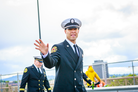 Portland, Oregon, USA - June 9, 2018: Portland Fire & Rescue in the Grand Floral Parade, during Portland Rose Festival 2018.のeditorial素材