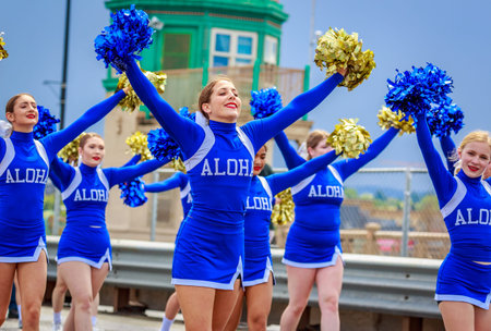 Portland, Oregon, USA - June 9, 2018: Aloha High School Marching Band in the Grand Floral Parade,...