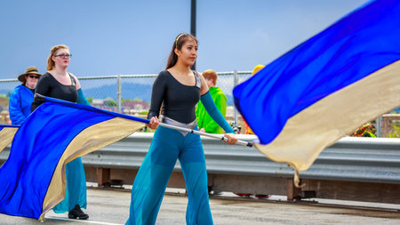Portland, Oregon, USA - June 9, 2018: Aloha High School Marching Band in the Grand Floral Parade, during Portland Rose Festival 2018.のeditorial素材