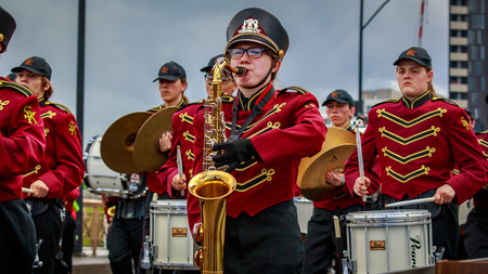 Portland, Oregon, USA - June 9, 2018: South Kitsap High School Marching Band in the Grand Floral Parade, during Portland Rose Festival 2018.のeditorial素材