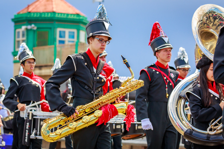 Portland, Oregon, USA - June 9, 2018: Lincoln High School Marching Band in the Grand Floral Parade, during Portland Rose Festival 2018.のeditorial素材
