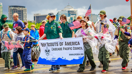 Portland, Oregon, USA - June 9, 2018: Boy Scouts of America in the Grand Floral Parade, during Portland Rose Festival 2018.のeditorial素材
