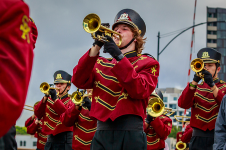 Portland, Oregon, USA - June 9, 2018: South Kitsap High School Marching Band in the Grand Floral Parade, during Portland Rose Festival 2018.のeditorial素材
