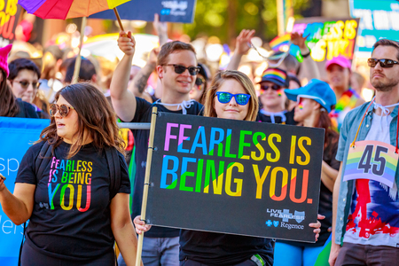 Portland, Oregon, USA - June 17, 2018: Portland's 2018 Pride Parade reflects the community diversity.のeditorial素材