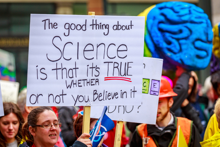 Portland, Oregon - April 14, 2018: People with signs at Portland March for Science.のeditorial素材