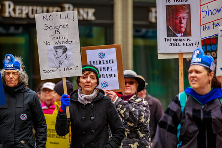 Portland, Oregon - April 14, 2018: People with signs at Portland March for Science.のeditorial素材