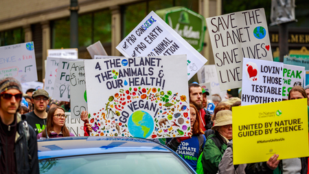 Portland, Oregon - April 14, 2018: People with signs at Portland March for Science.のeditorial素材