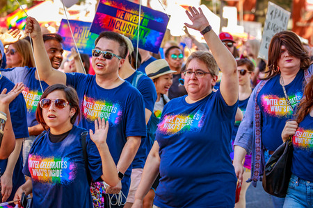 Portland, Oregon, USA - June 17, 2018: Portland's 2018 Pride Parade reflects the community diversity.のeditorial素材
