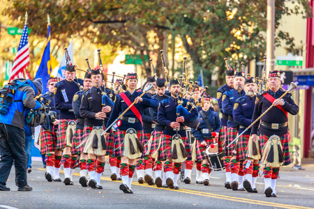 Portland, Oregon, USA - November 12, 2018: Portland Police Highland Guard Pipe Band in the annual Ross Hollywood Chapel Veterans Day Parade, in northeast Portland.のeditorial素材